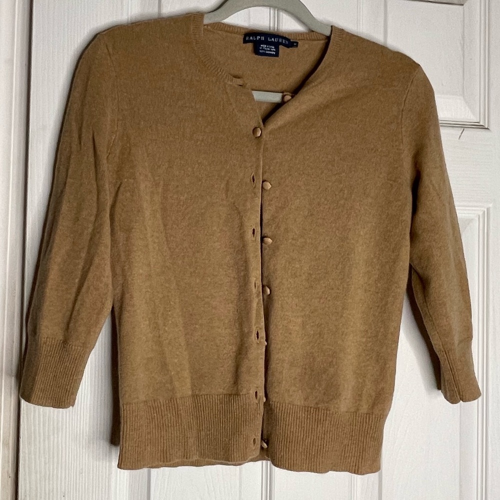 Ralph Lauren Camel Brown Button-Front Wool Cardigan